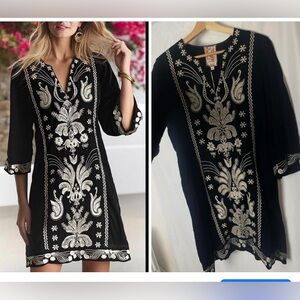 Johnny Was Swing Velvet Dress S Embroidered Floral V Neck Seamed Boho New